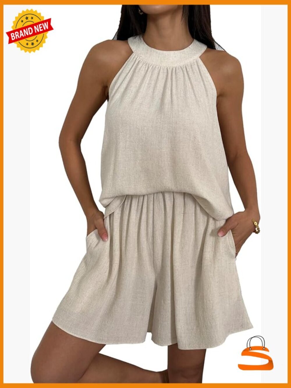 Women's 2 Piece Linen Short Set Sleeveless Halter Neck Vacation Lounge Outfit